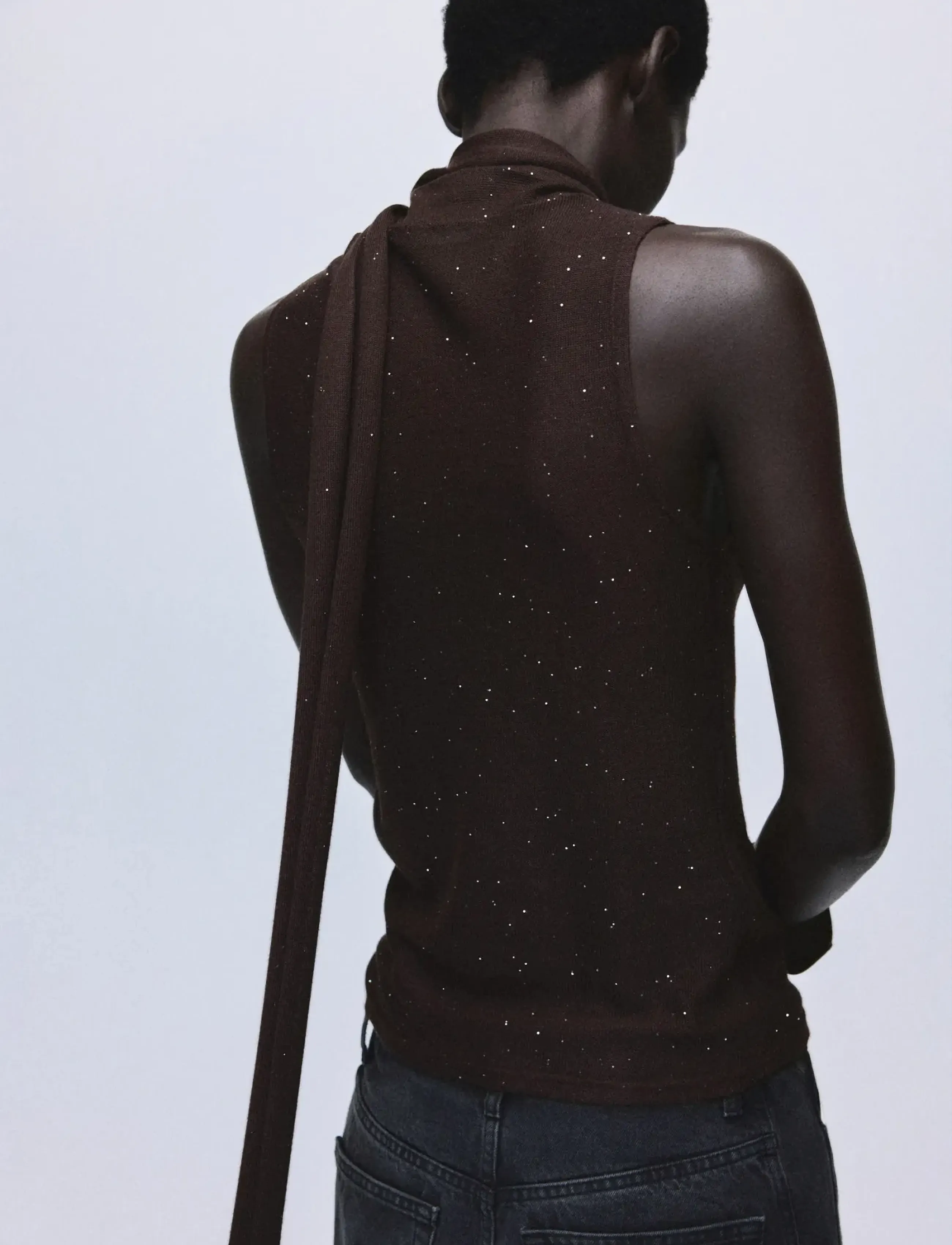 Mango - Shiny top with foulard - brown - 3