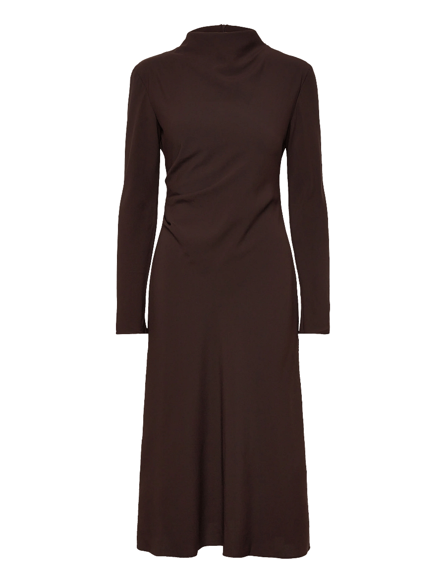 Mango - Ruched dress with draped neckline - midiklänningar - dark brown - 1