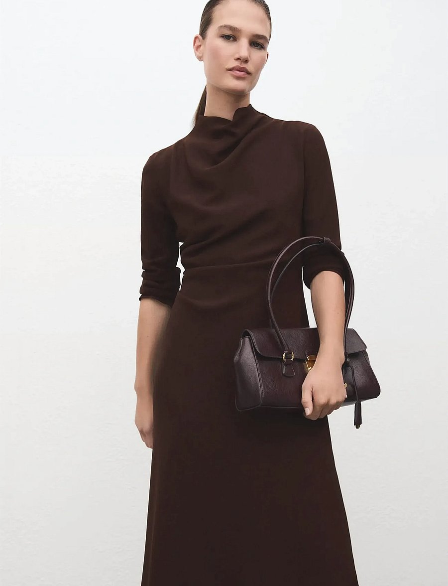 Mango - Ruched dress with draped neckline - midiklänningar - dark brown - 0