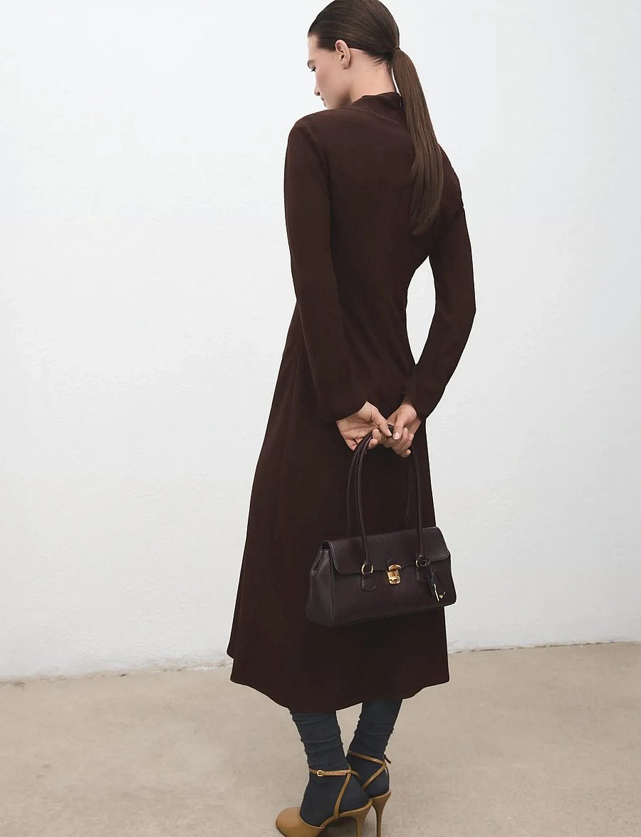Mango - Ruched dress with draped neckline - midiklänningar - dark brown - 3