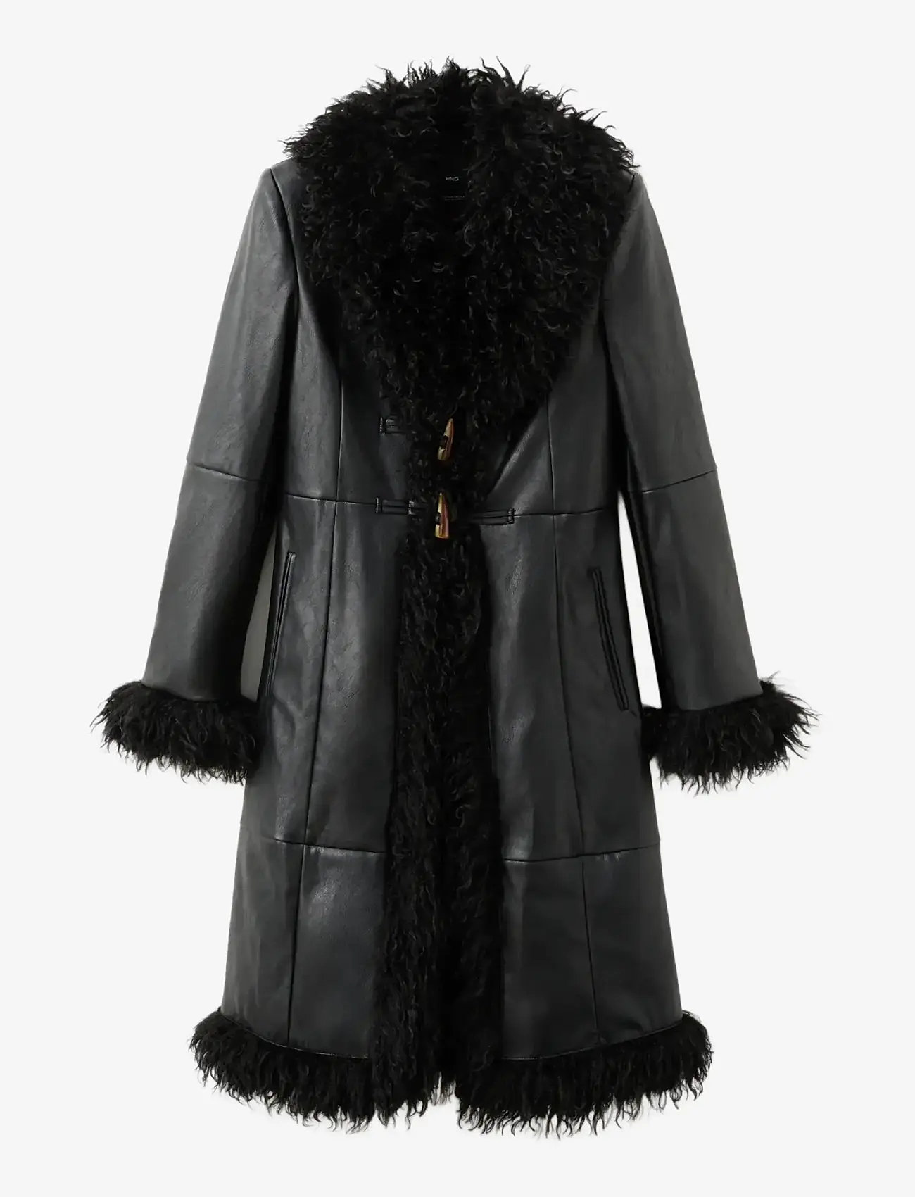 Mango - Faux-leather coat with fur trim - faux fur jakker - black - 1
