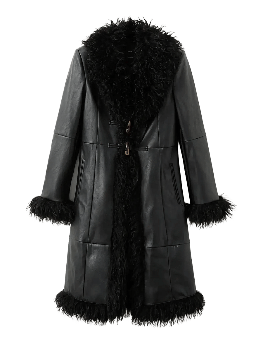 Mango - Faux-leather coat with fur trim - skinnjackor - black - 1
