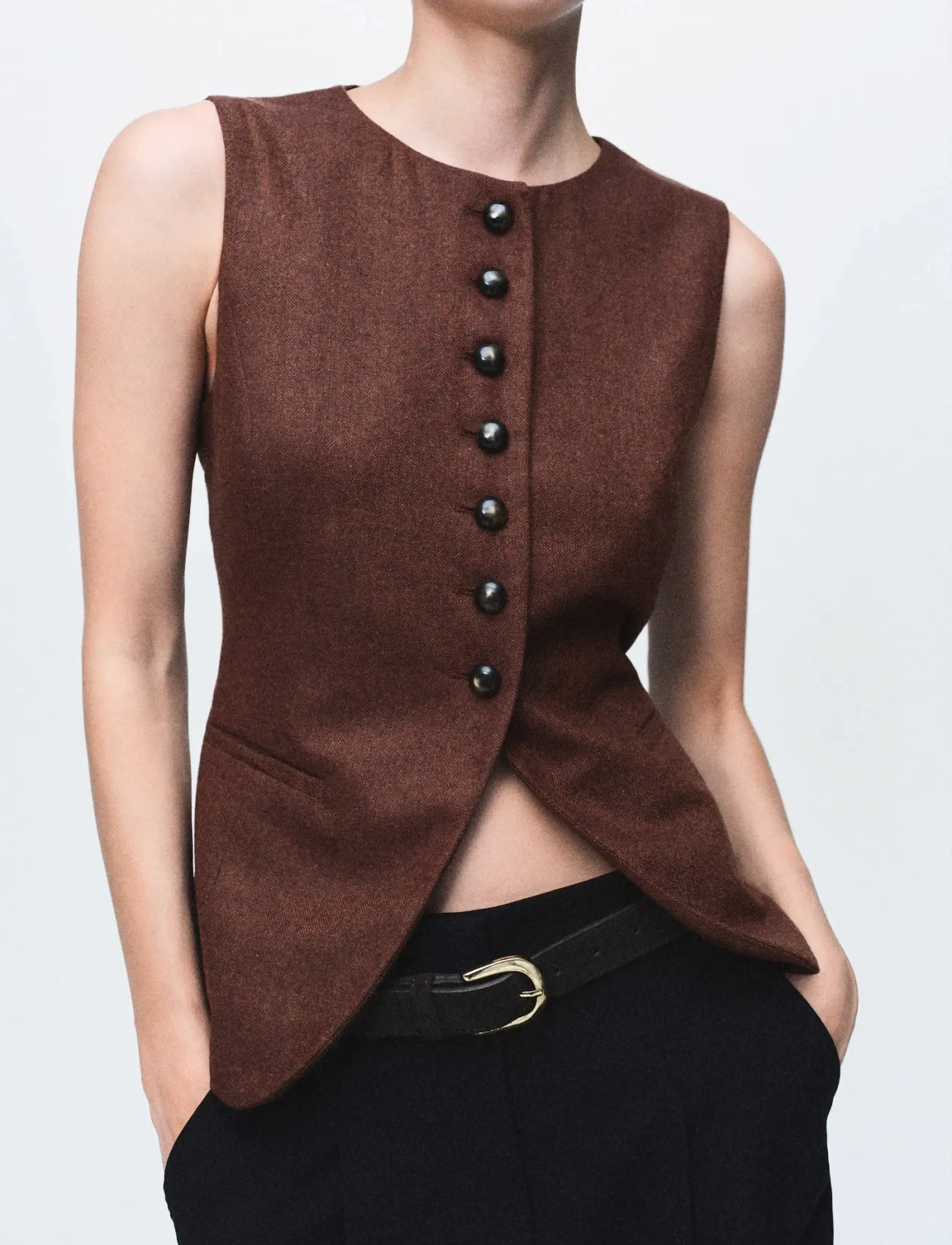 Mango Wool-Blend Gilet With Buttons, XS, Brown, Veste > Strikkede Veste, Dame