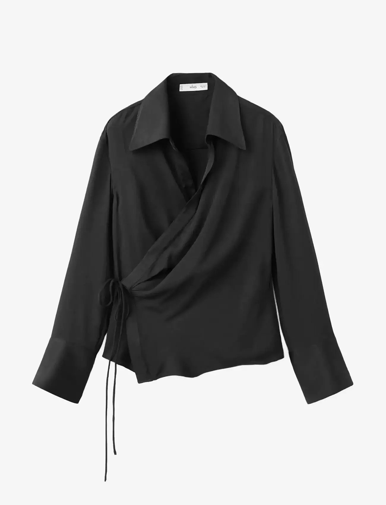 Mango - Cross-over satin blouse - långärmade skjortor - black - 1