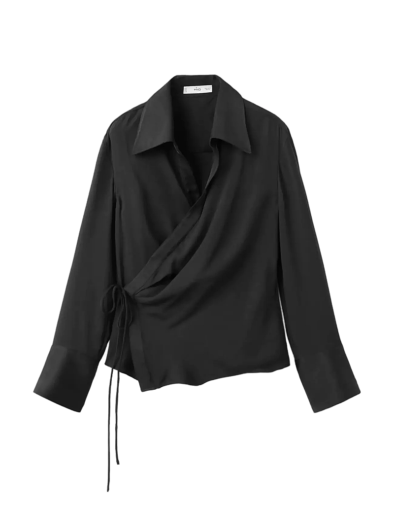 Mango - Cross-over satin blouse - långärmade skjortor - black - 1