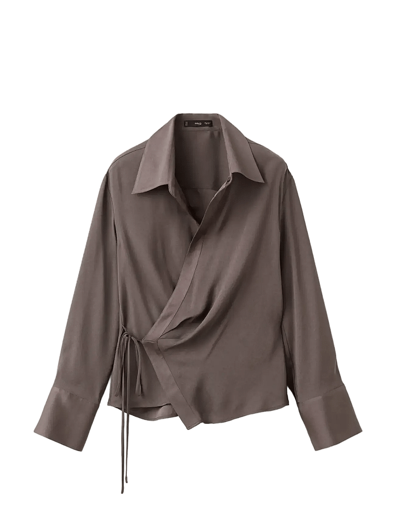 Mango - Cross-over satin blouse - langärmlige hemden - medium brown - 1