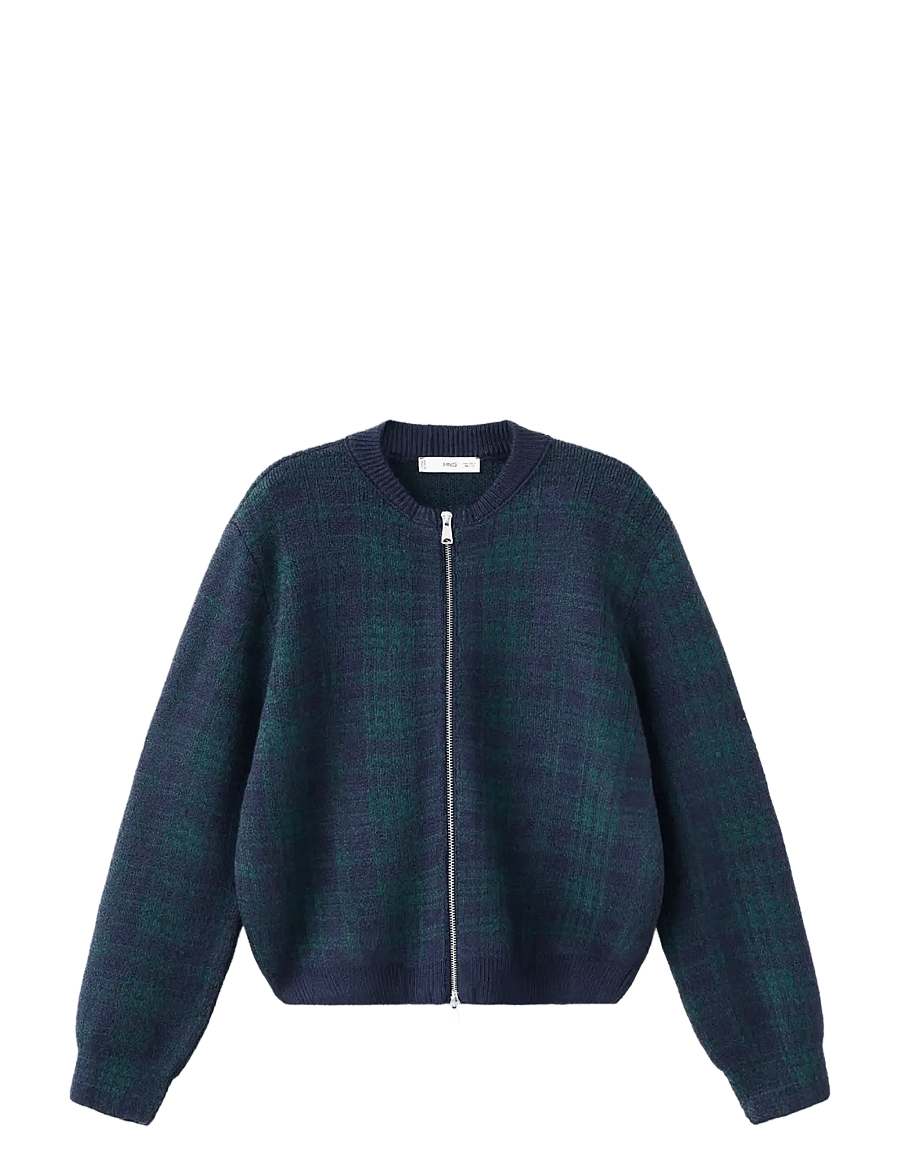 Mango - Checkered zipper cardigan - strickjacken - green - 1