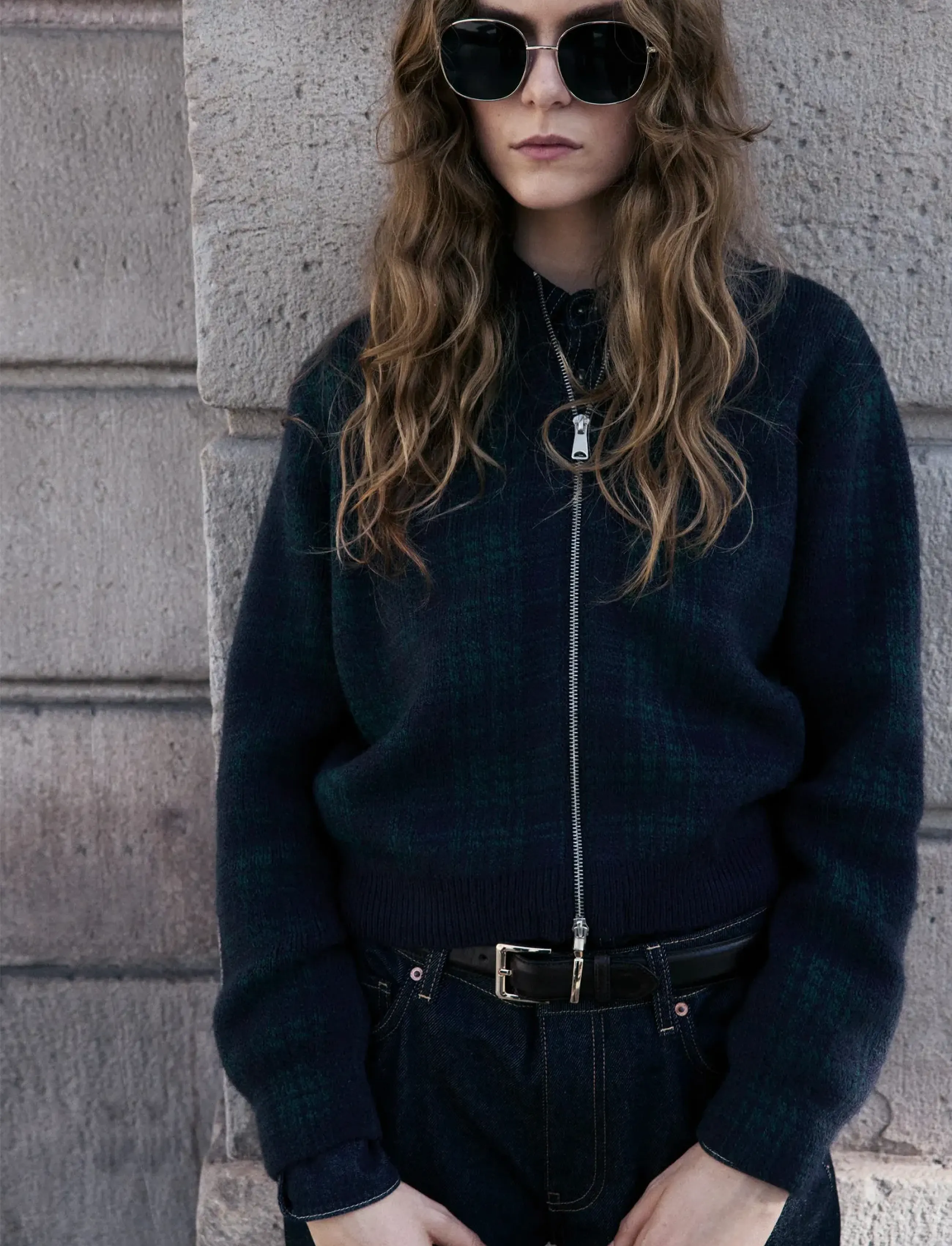 Mango Checkered zipper cardigan - Mango - GREEN / green