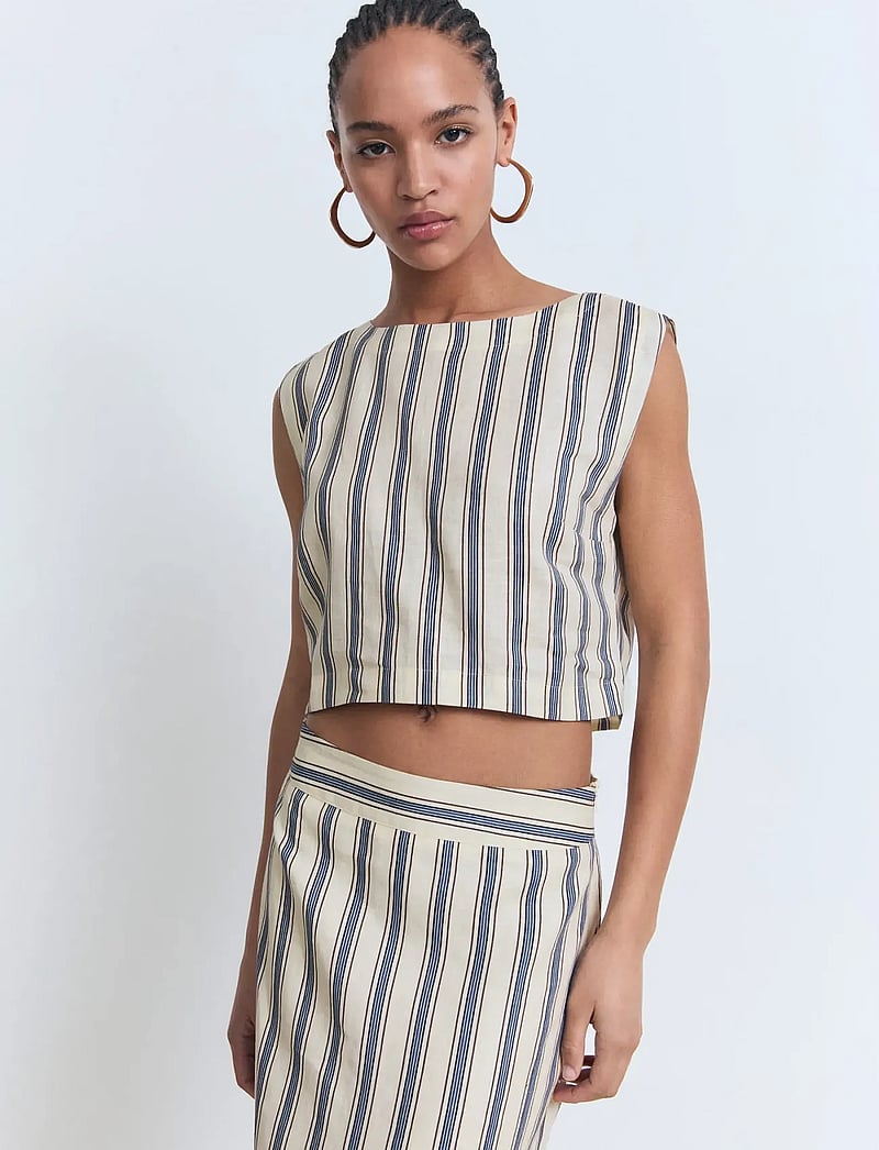 Mango - Striped linen top - crop tops - light beige - 0