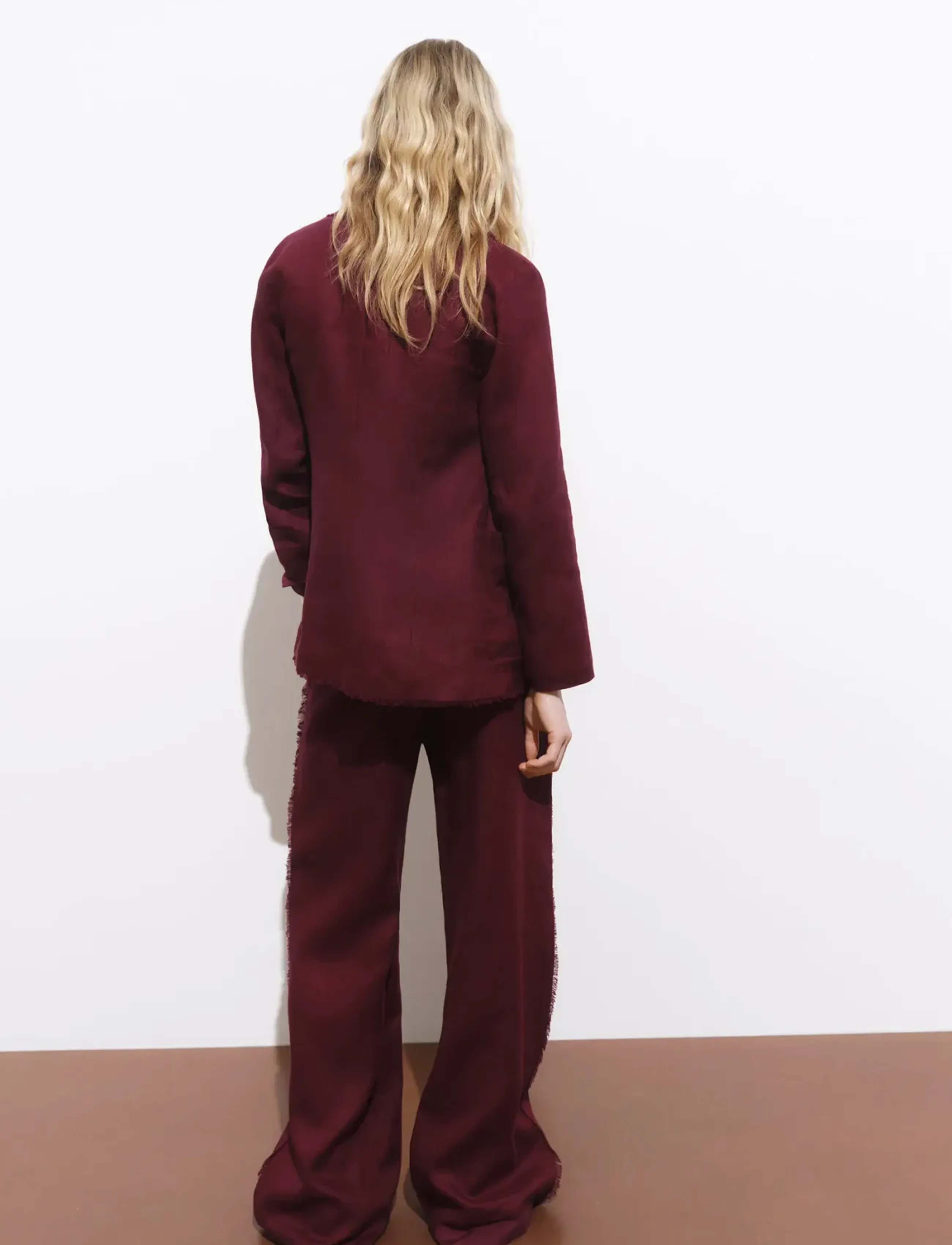 Mango - Linen suit trousers with frayed ends - linbukser - dark red - 3