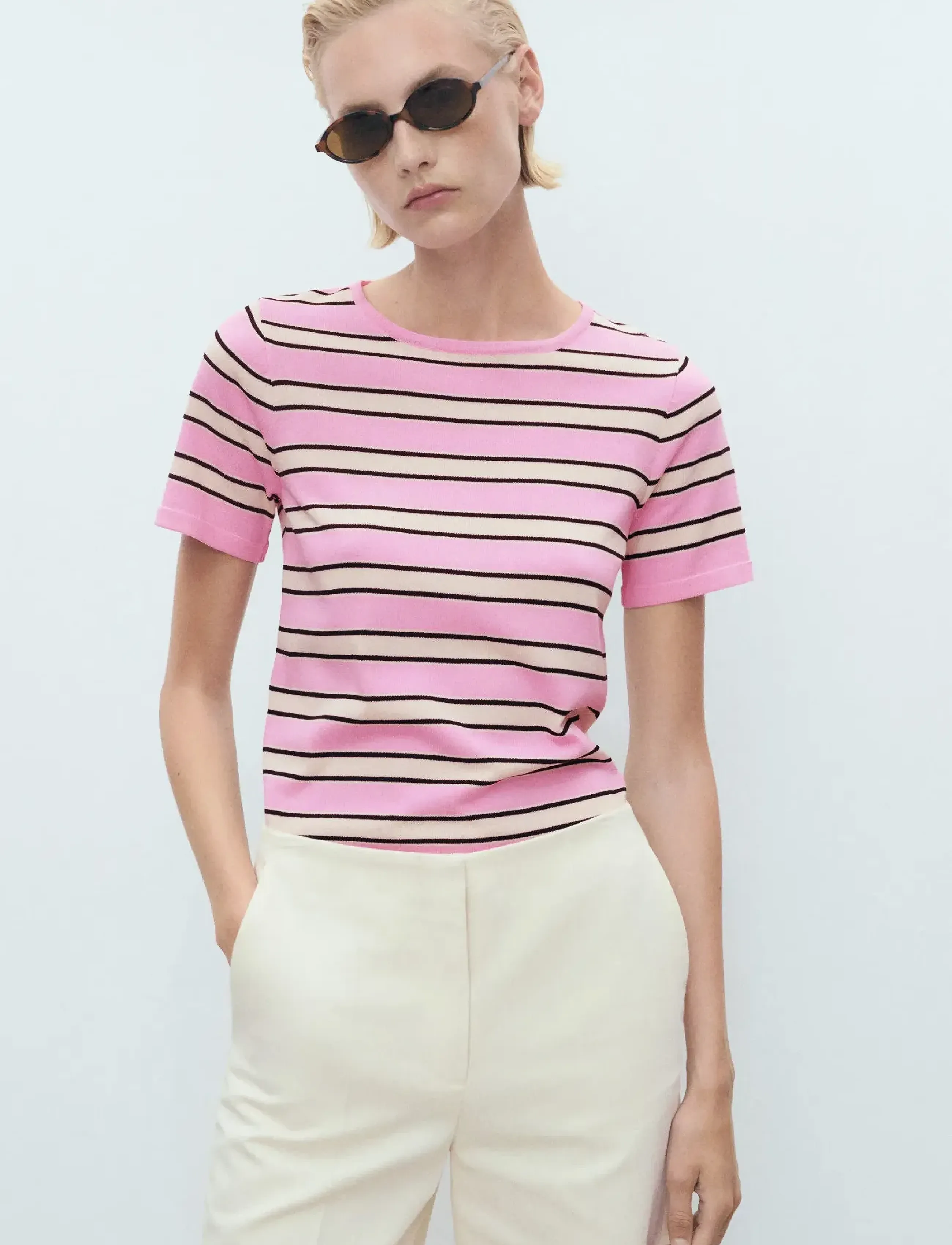 Mango Short-Sleeved Sweater With Combined Stripes, Kvinder, Stribet Kortærmet Sweater, Pink, Str: XS
