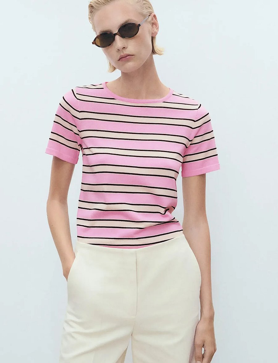 Mango - Short-sleeved sweater with combined stripes - t-shirts - lt-pastel pink - 0