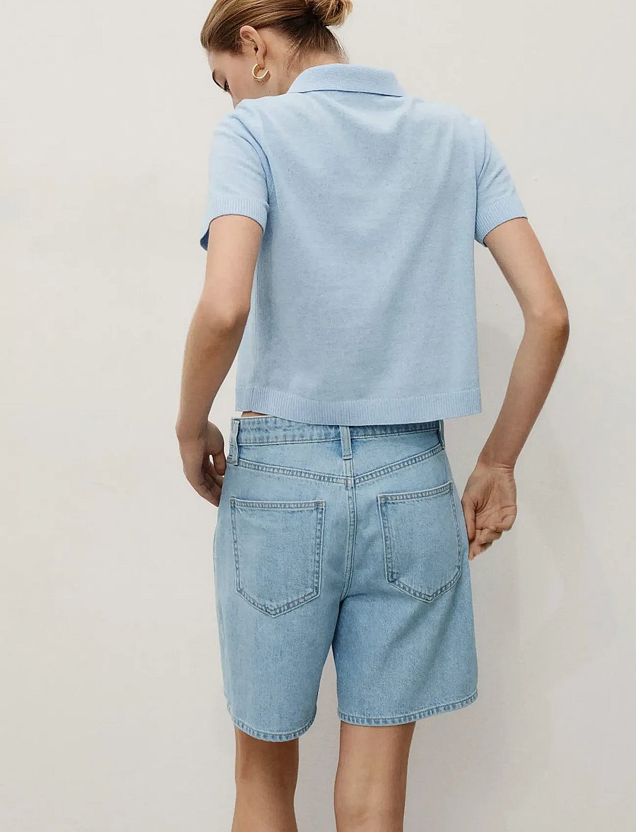 Mango - Mid-rise denim bermuda shorts with pleats - jorts - open blue - 3