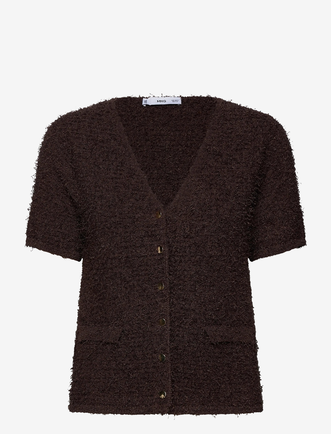 Mango - Short-sleeved bouclé cardigan - herbstliche kleidung - dark brown - 0
