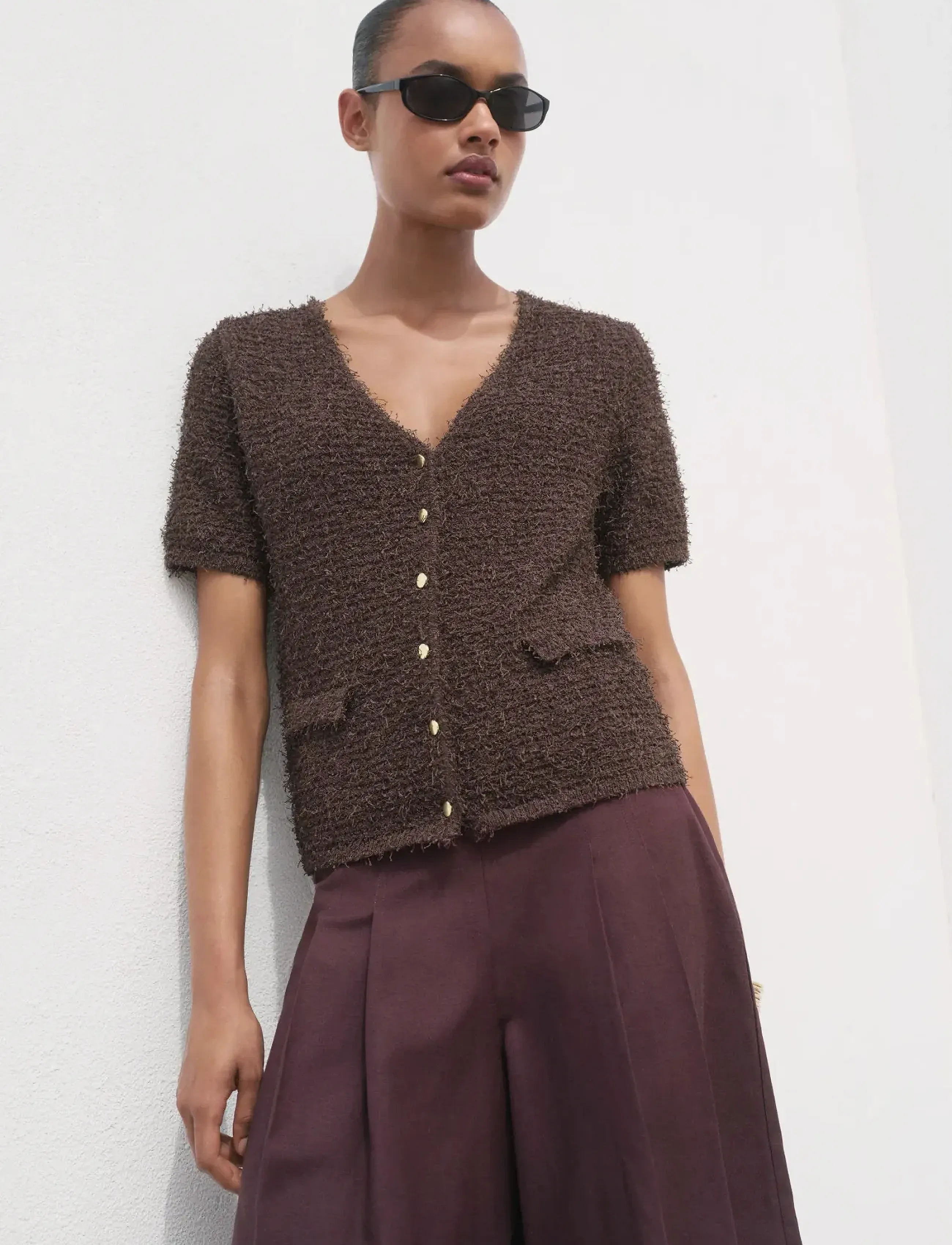 Mango Short-Sleeved Bouclé Cardigan, XS, Knitwear, Braun - Cardigans, Frauen