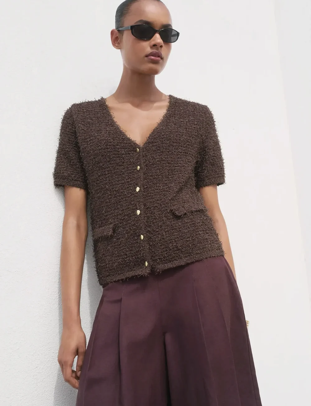 Mango - Short-sleeved bouclé cardigan - cardigans - dark brown - 0