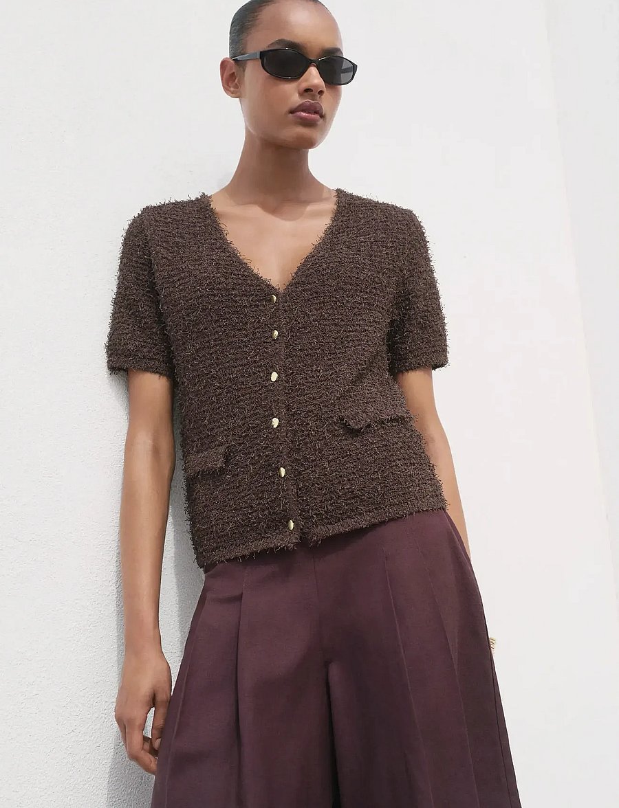 Mango - Short-sleeved bouclé cardigan - strickjacken - dark brown - 0