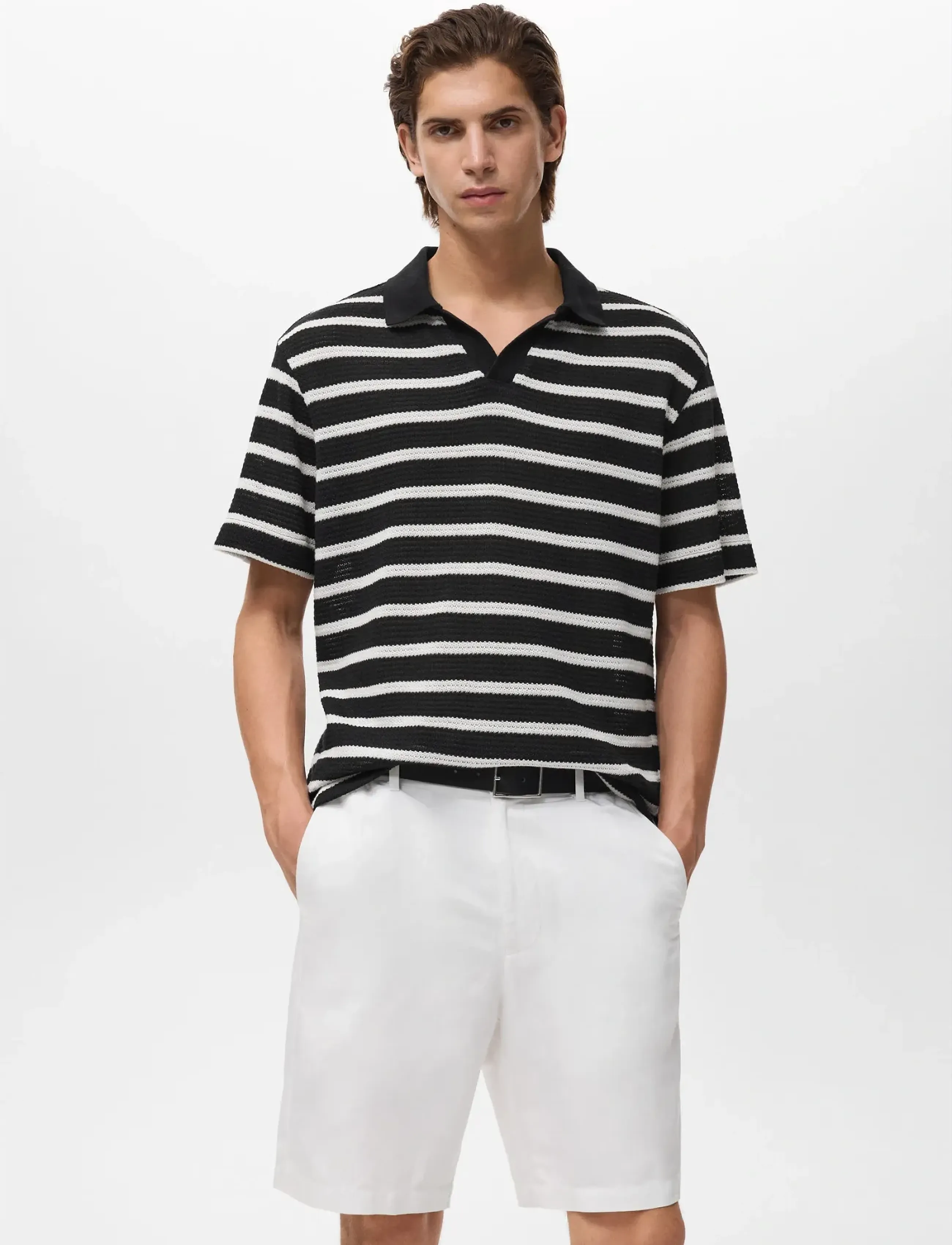 Mango Striped Braided Knit Polo Shirt, Mænd, Stribet Strikket Poloshirt, Sort, Str: S
