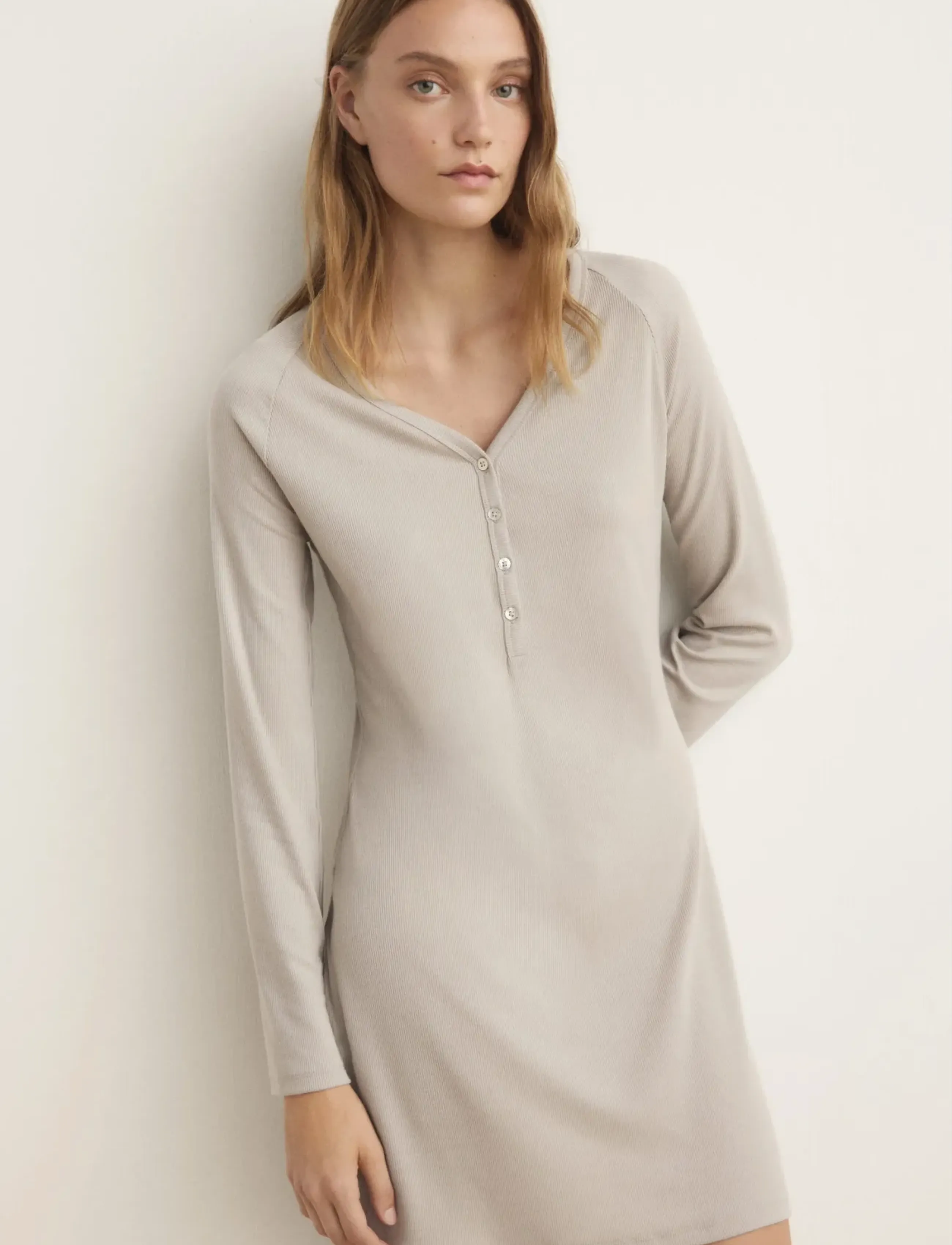 Mango Ribbed-knit nightdress with buttons - Mango - LT PASTEL GREY / beige