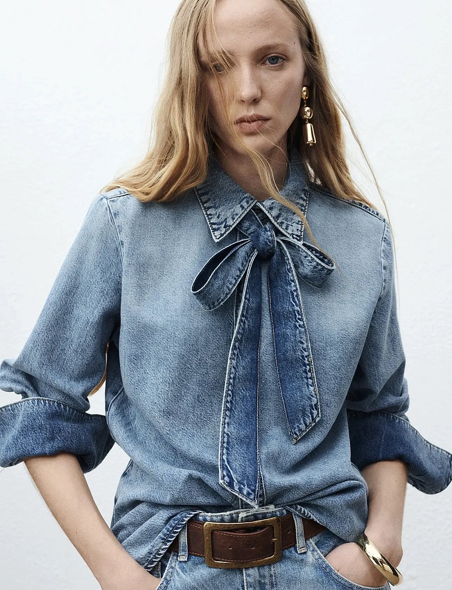 Mango - Denim shirt with bow - langärmlige hemden - open blue - 0