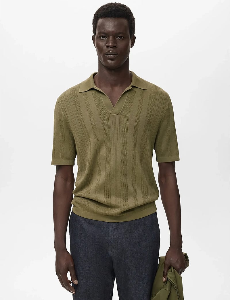 Mango - Ribbed knit polo shirt - gestrickte polohemden - beige - khaki - 0