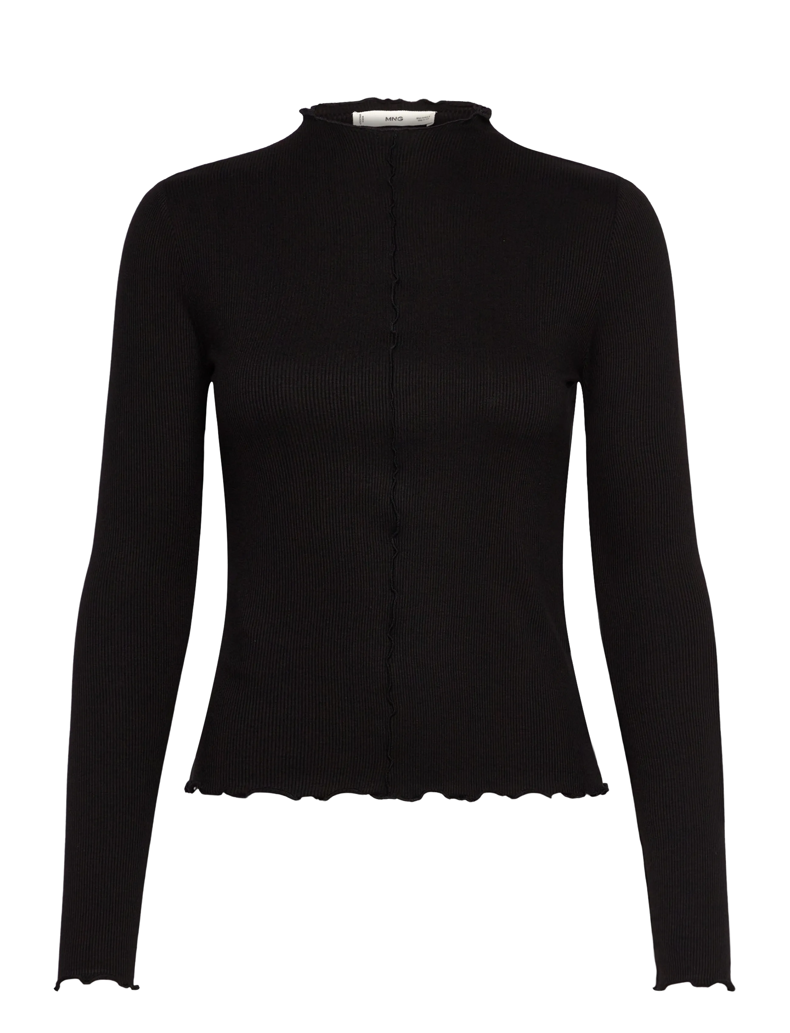 Ribbed t-shirt with scalloped trim - BLACK