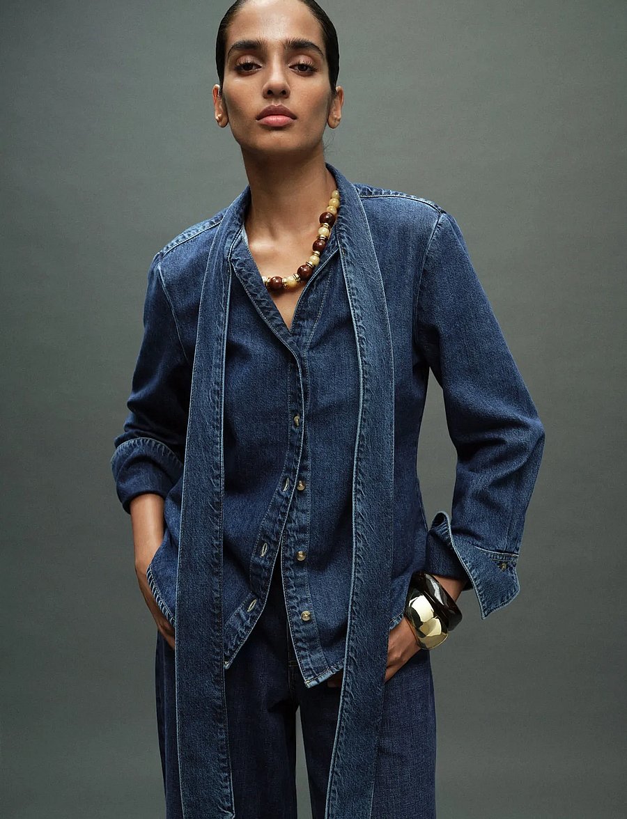 Mango - Denim shirt with bow - langärmlige hemden - open blue - 0