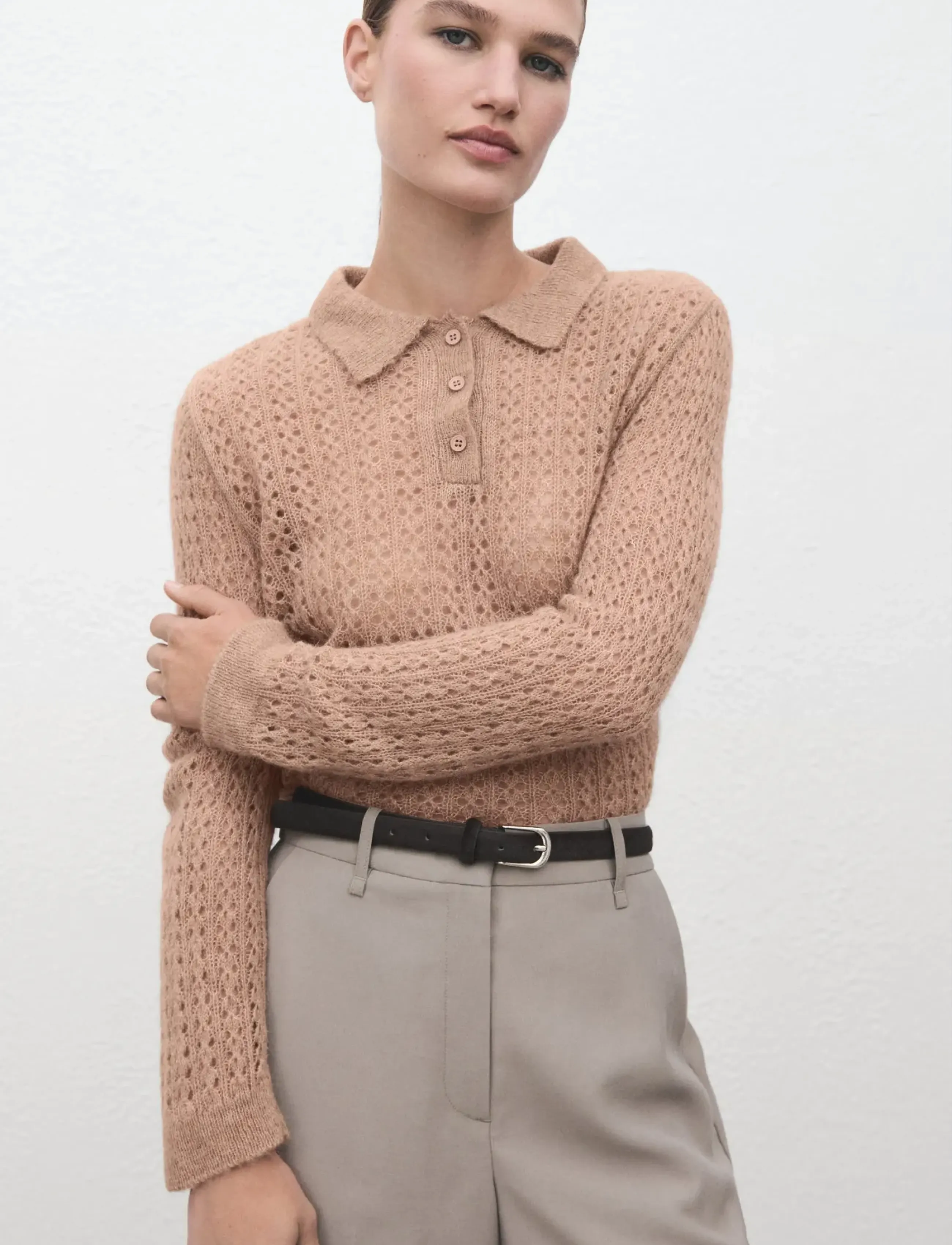 Mango Openwork Knitted Polo-Neck Sweater, L, Knitwear, Beige - Jumpers, Frauen