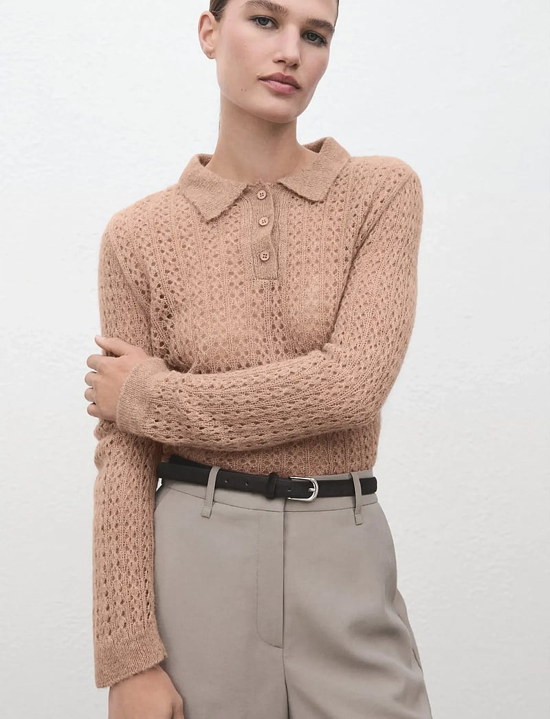 Mango - Openwork knitted polo-neck sweater - striktrøjer - medium brown - 0