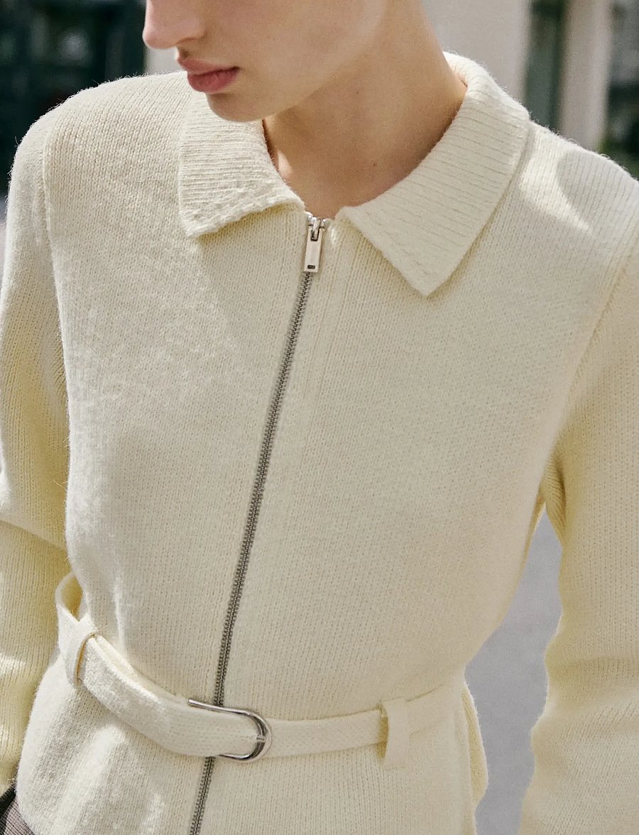 Mango - Knitted jacket with belt and buckle - ulljackor - light beige - 0