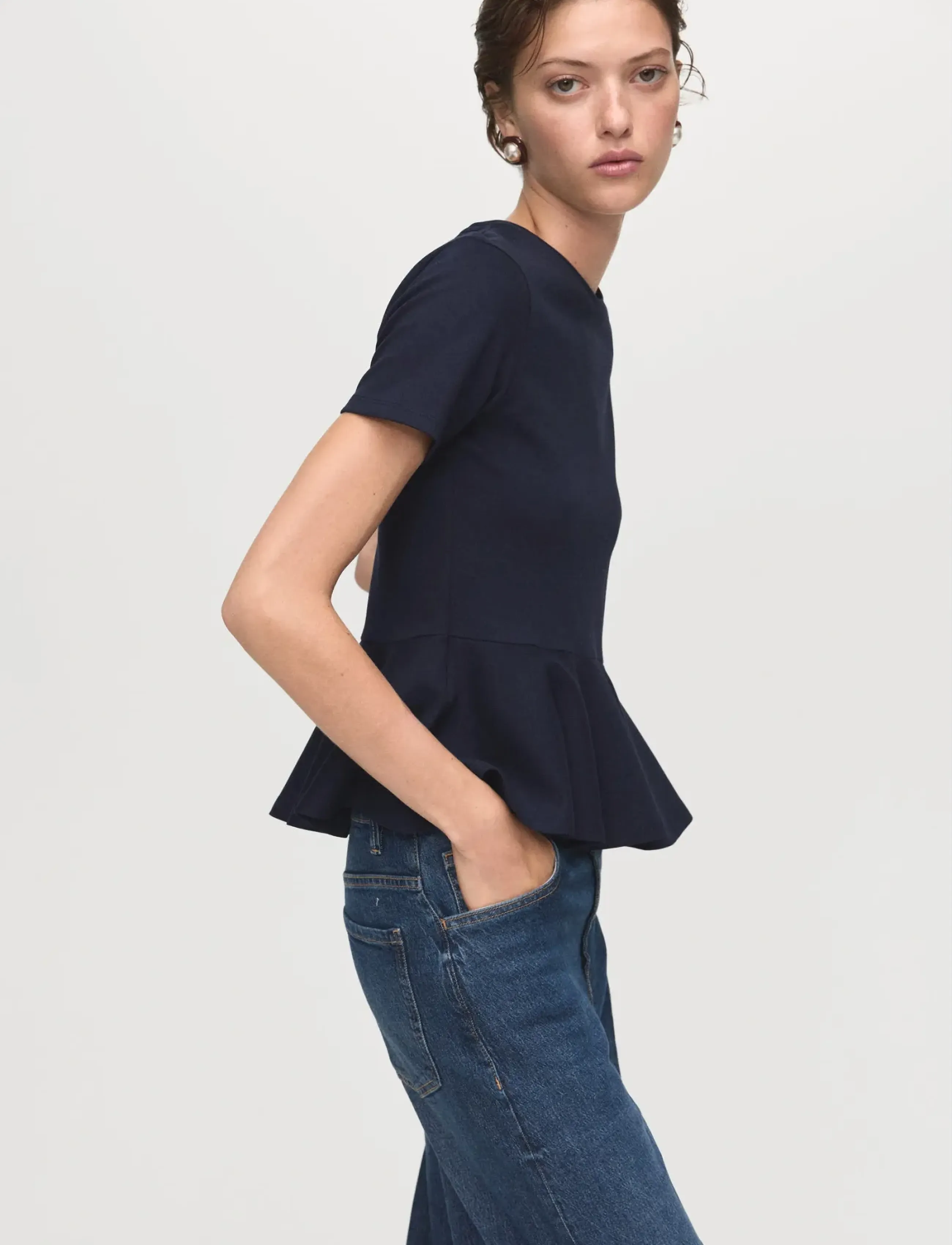 Mango Short-Sleeved Peplum T-Shirt, S, Navy, T-Shirts & Toppe > Kortærmede, Dame
