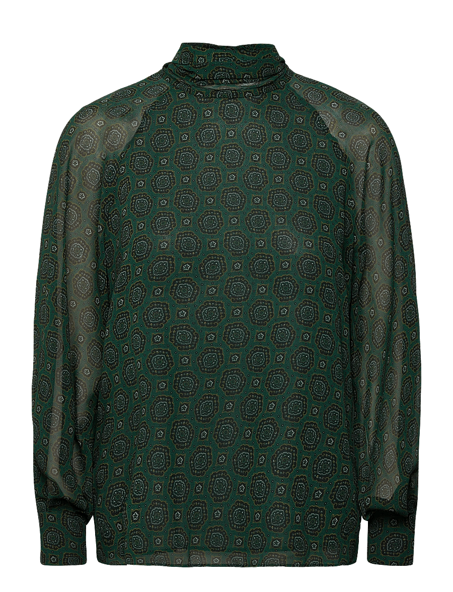 Mango - Printed blouse with tie closure - långärmade blusar - green - 1