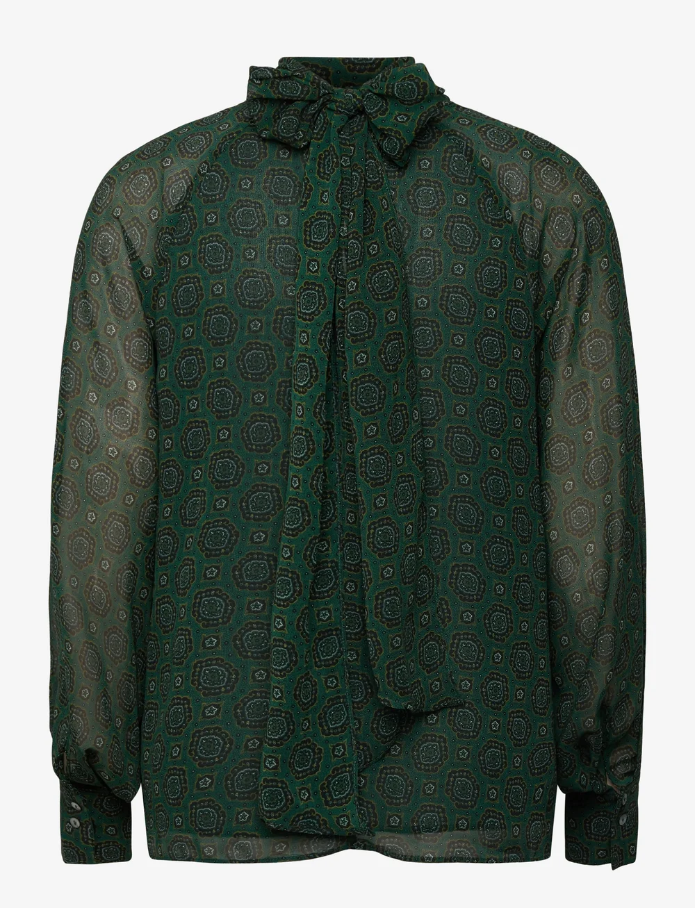 Mango - Printed blouse with tie closure - långärmade blusar - green - 1