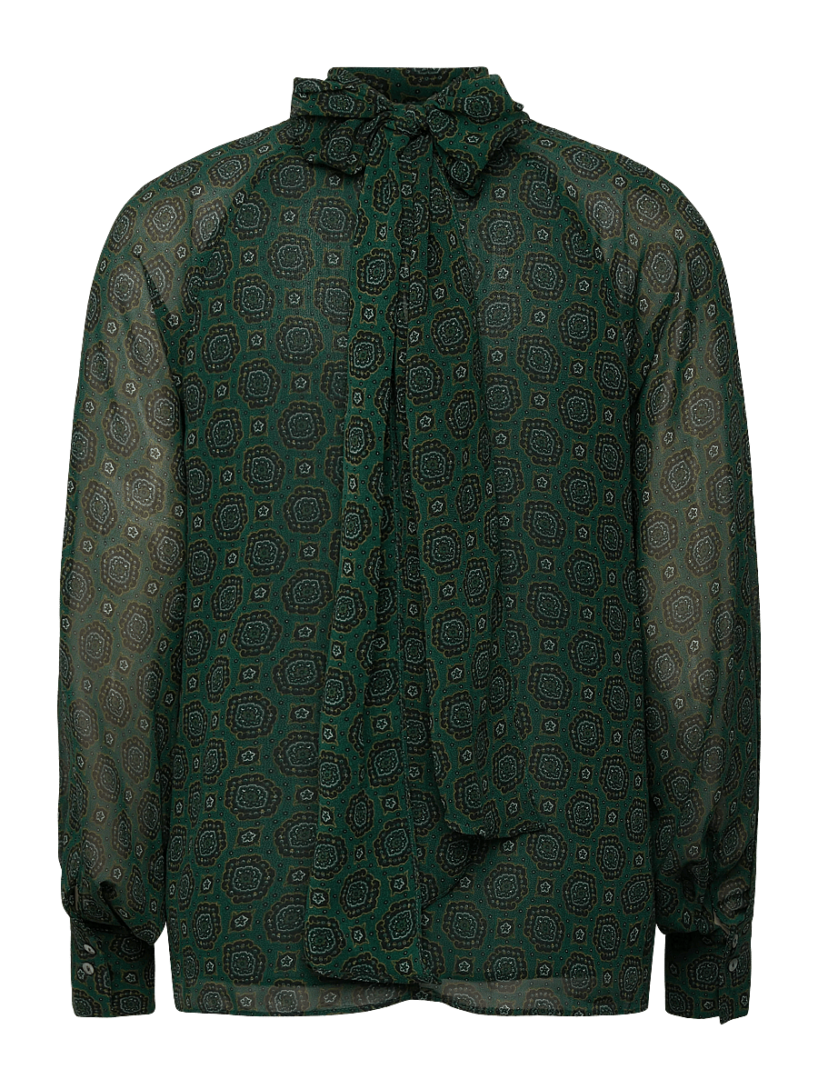 Mango - Printed blouse with tie closure - långärmade blusar - green - 2
