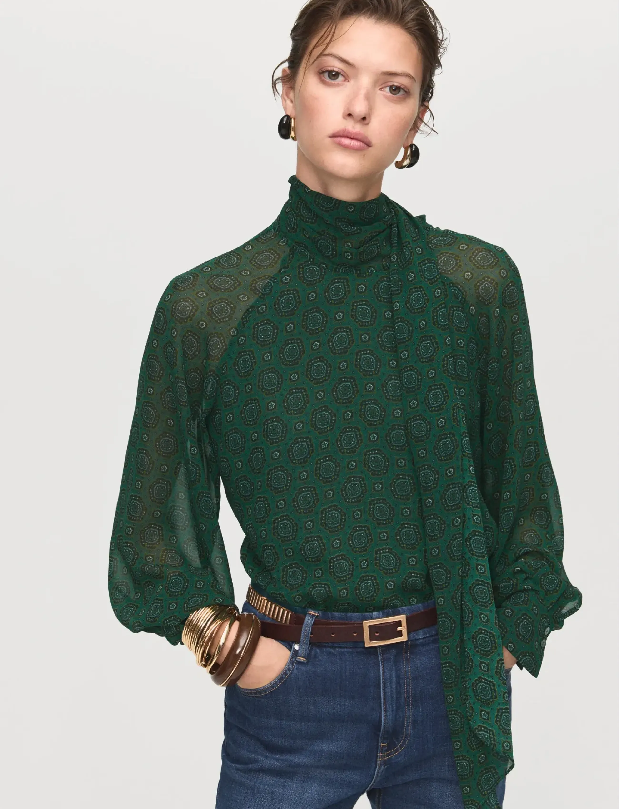 Mango Printed Blouse With Tie Closure, S, Green, Bluser > Langærmede, Dame