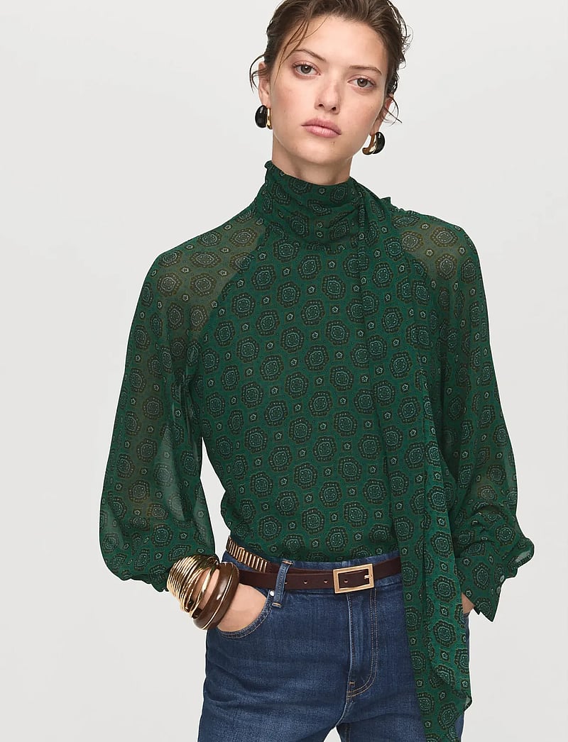 Mango - Printed blouse with tie closure - langærmede bluser - green - 0