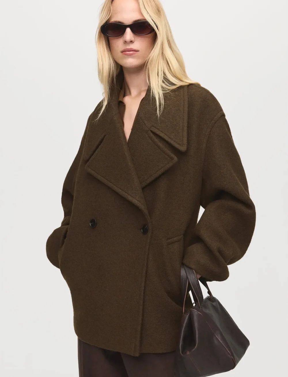 Mango - Oversized wool coat with maxi lapels - uldfrakker - beige - khaki - 0