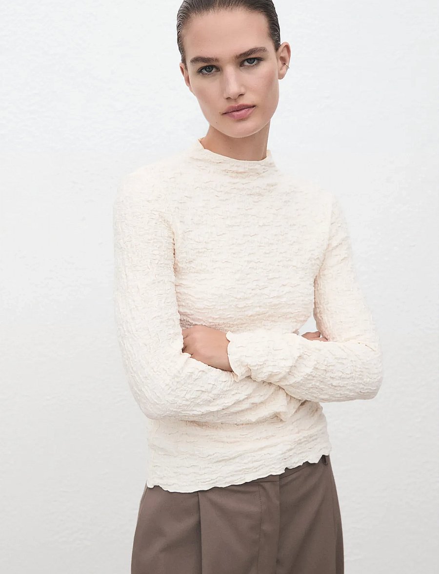 Mango - Textured crepe top - långärmade toppar - light beige - 0