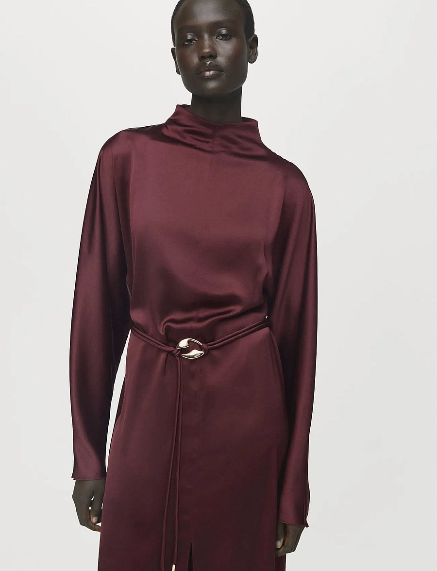 Mango - Belt satin dress - festkjoler - dark red - 0