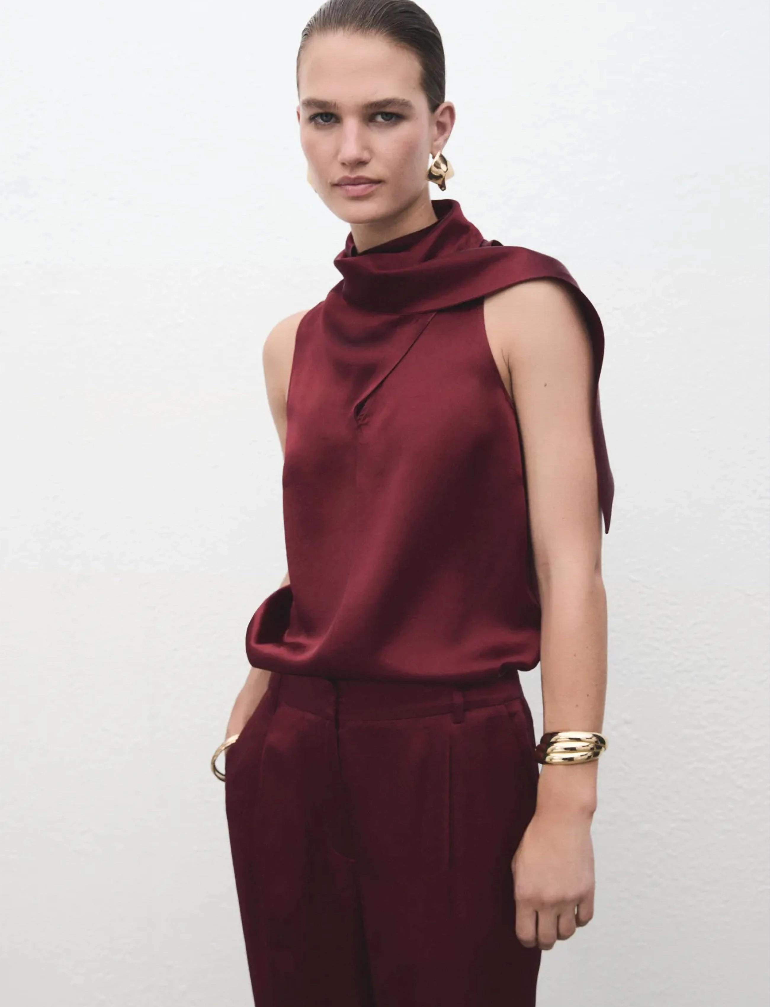 Mango Satin blouse with foulard - Bluser - RUST - COPPER / burgundy