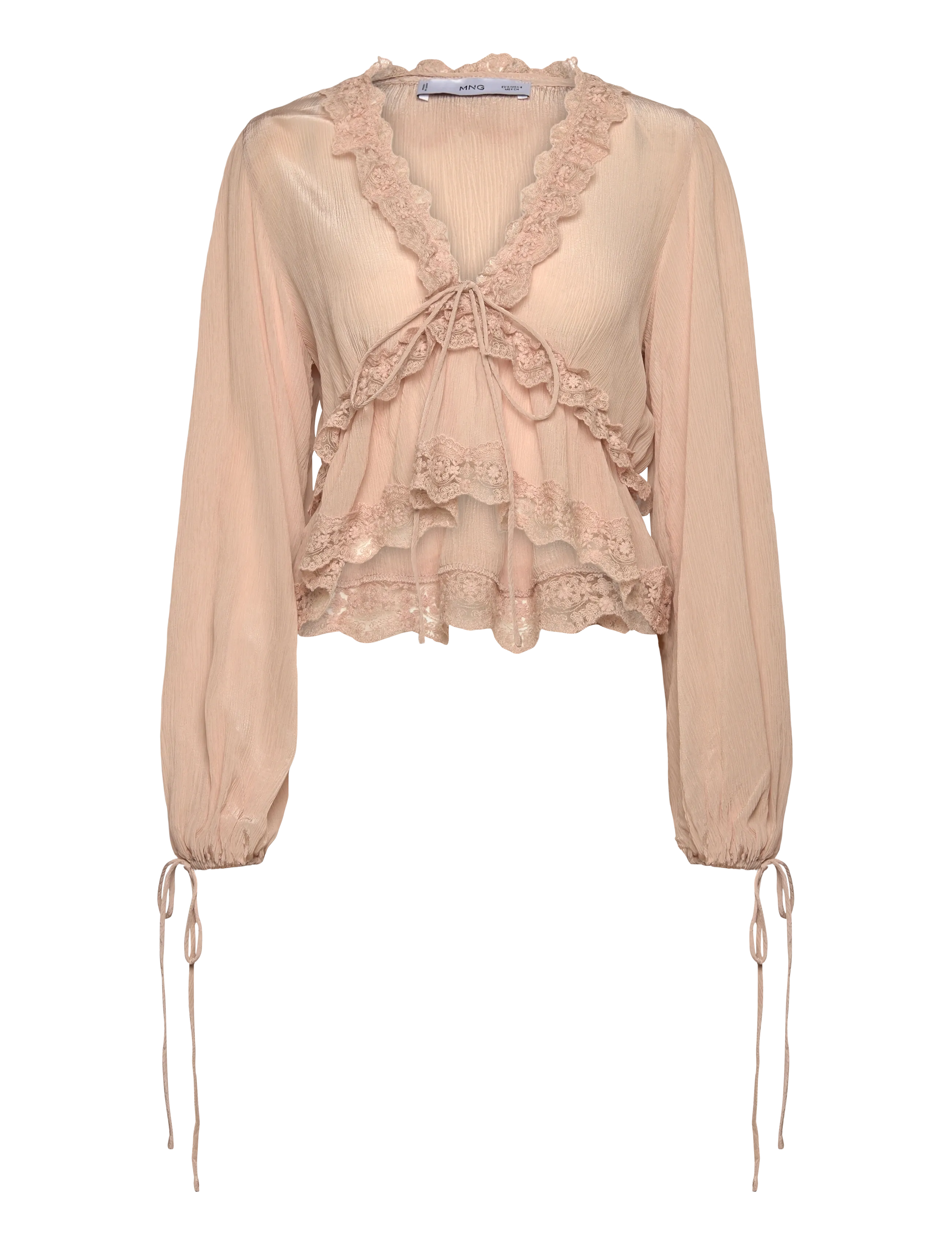 Mango V-neck blouse with lace trim - T-shirts & Toppar - LT-PASTEL PINK / pink/rose