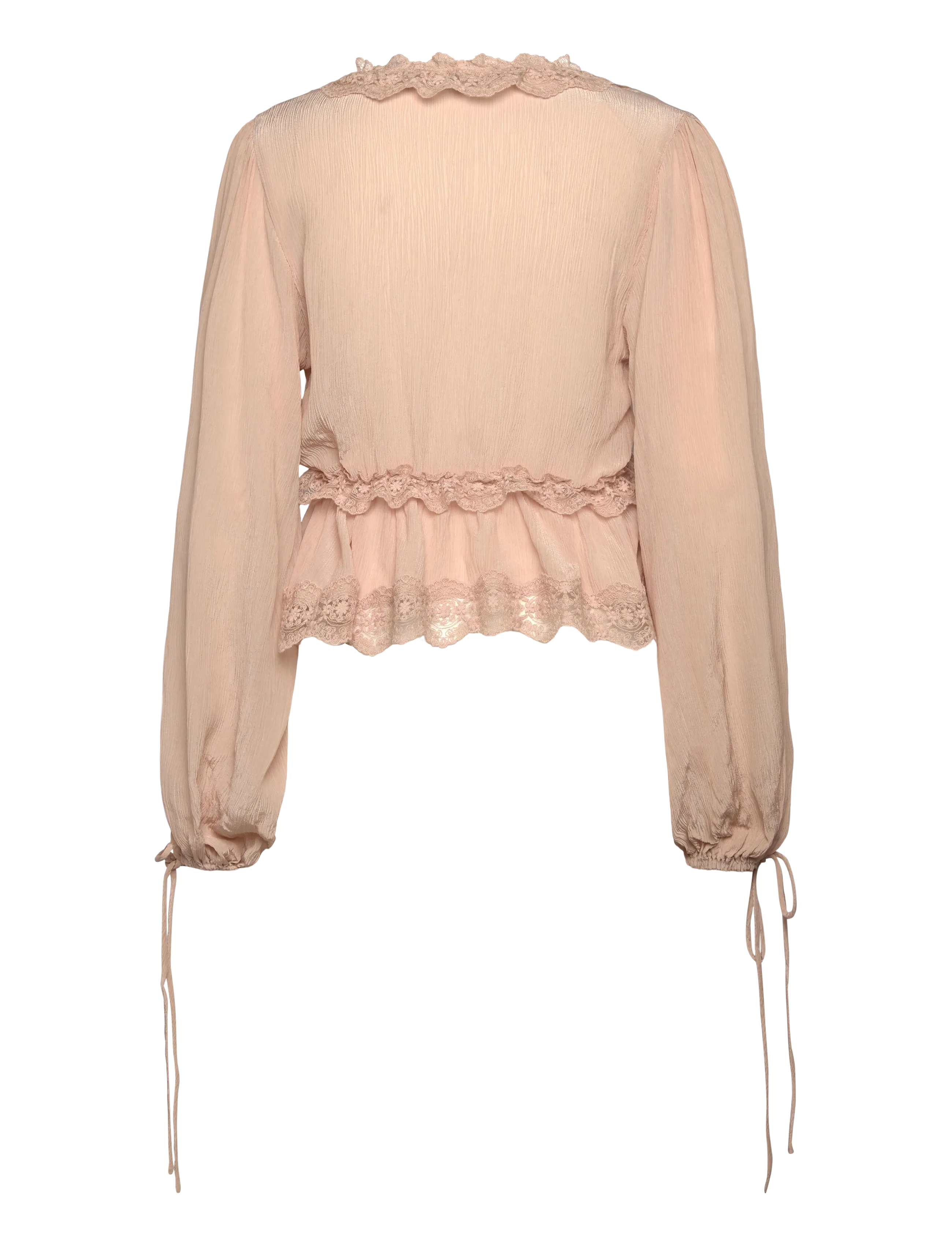 Mango - V-neck blouse with lace trim - crop tops - lt-pastel pink - 2