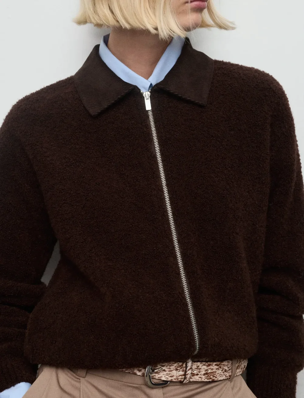 Mango - Bouclé jacket with corduroy collar - bomberjackor - brown - 0