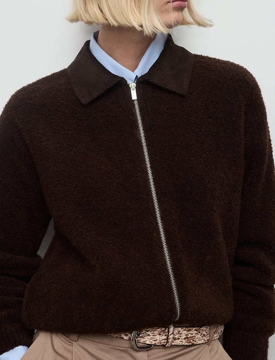 Mango - Bouclé jacket with corduroy collar - bomberjackor - brown - 0