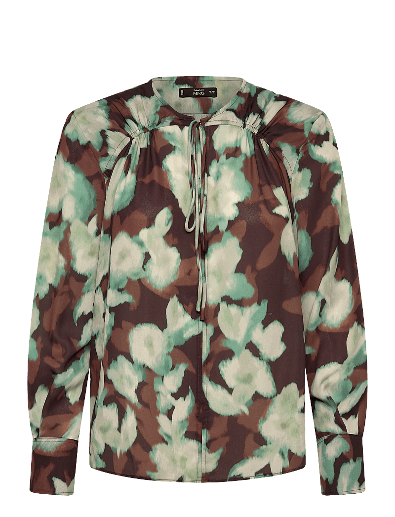 Mango - V-neck blouse with tie - långärmade blusar - green - 0