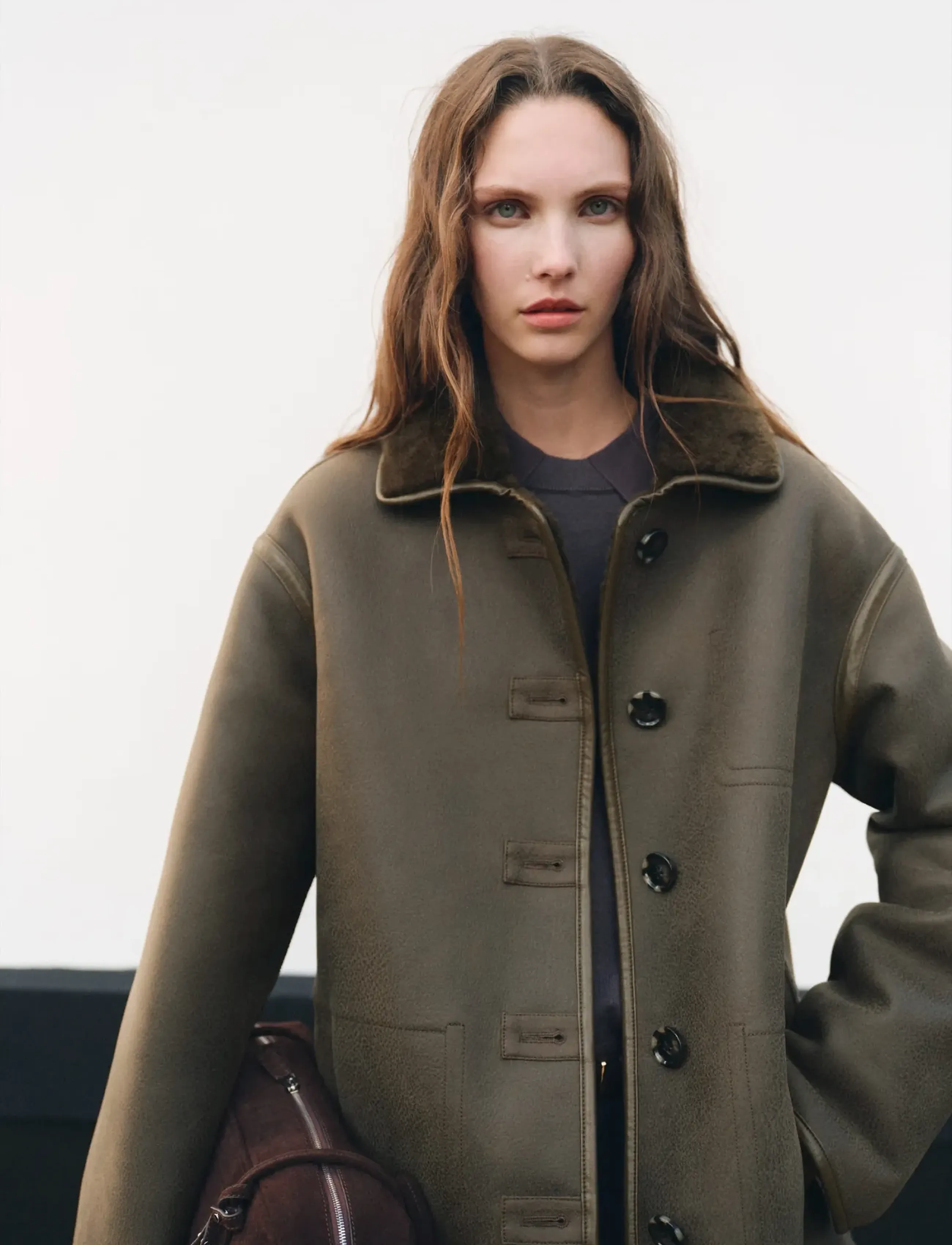 Mango Faux-Shearling Leather-Effect Coat, L, Coats, Khakigrün - Winter Frauen