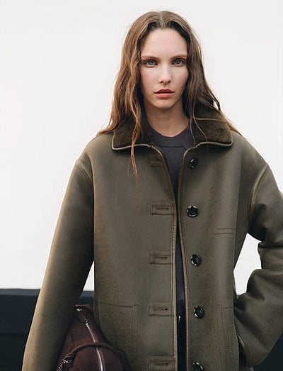 Faux-Shearling Leather-Effect Coat - Vinterfrakker