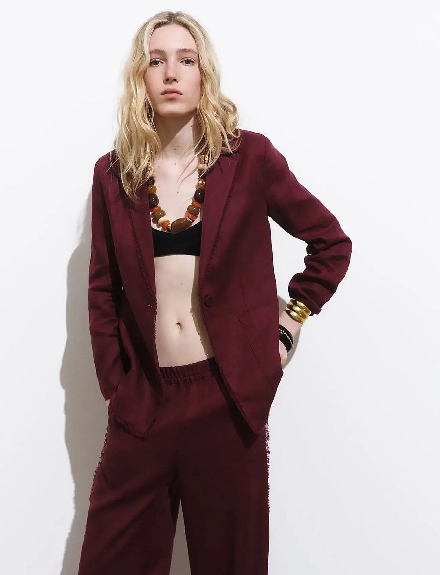 Mango - Linen suit jacket with frayed ends - dark red - 0