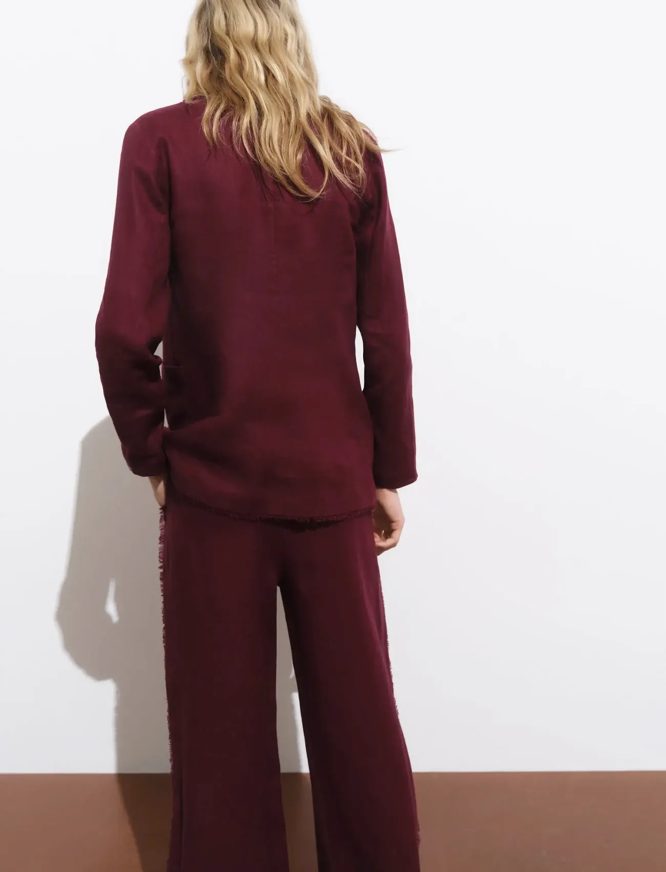 Mango - Linen suit jacket with frayed ends - dark red - 3