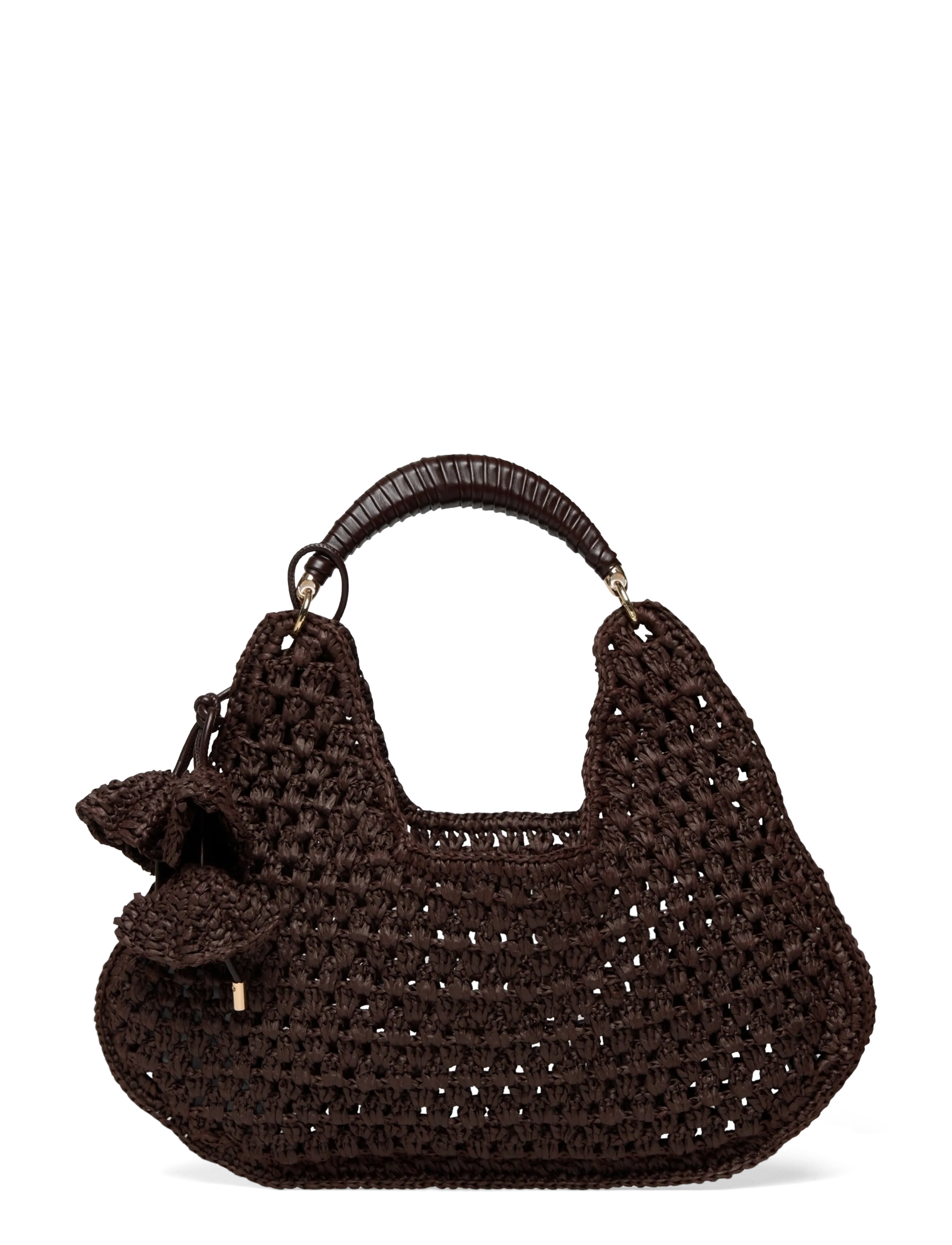 Natural fibre shoulder bag with flower charm - DARK BROWN